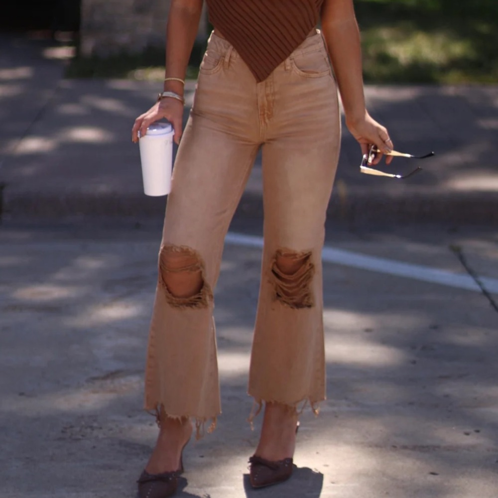 High-Rise Distressed Wide-Leg Jeans in Tan